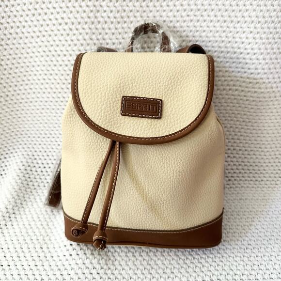 Esprit NOS Beige Brown Faux Pebbled Leather Drawstring Mini Backpack New NWT Y2K - Picture 5 of 8